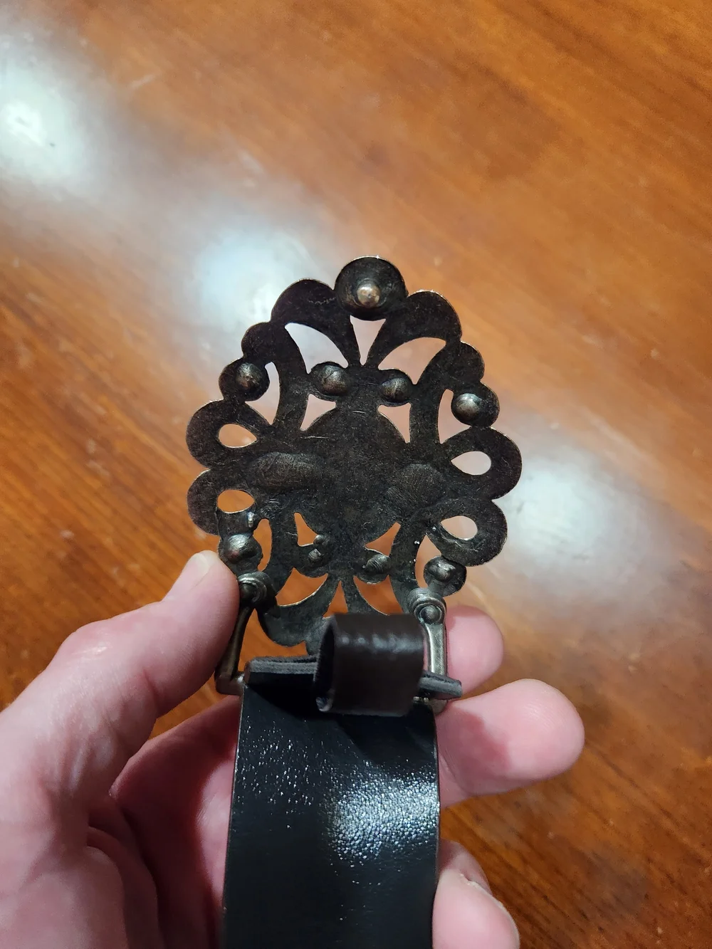 Vintage Leather Women's Belt with Coral Accent Buckle - Black Size 12